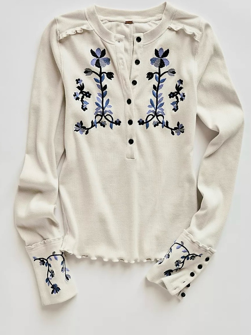 Free People Fleur Embroidered Cuff Henley NWOT Size L